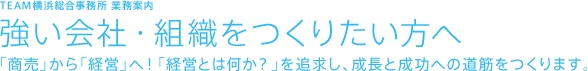 TEAM横浜総合事務所 業務案内 強い会社・組織をつくりたい方へ 「商売」から「経営」へ！「経営とは何か？」を追求し、成長と成功への道筋をつくります。